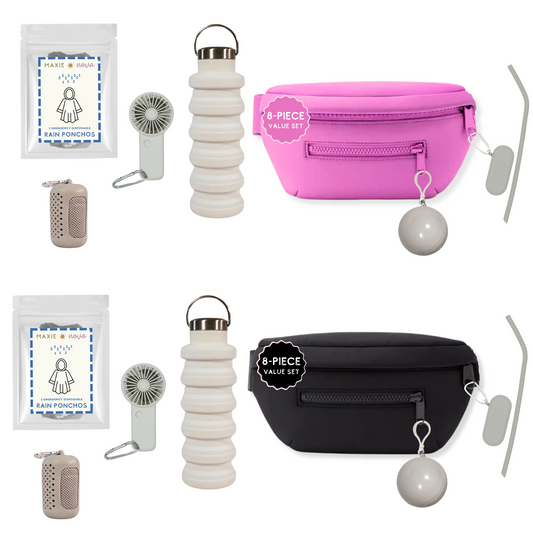 Maxie & Nova 2 pack of theme park essential kits including water-resistant neoprene fanny pack, rain ponchos, cooling towel, silicone straw, and silicone collapsible water bottle. The bags include one pink and one black.